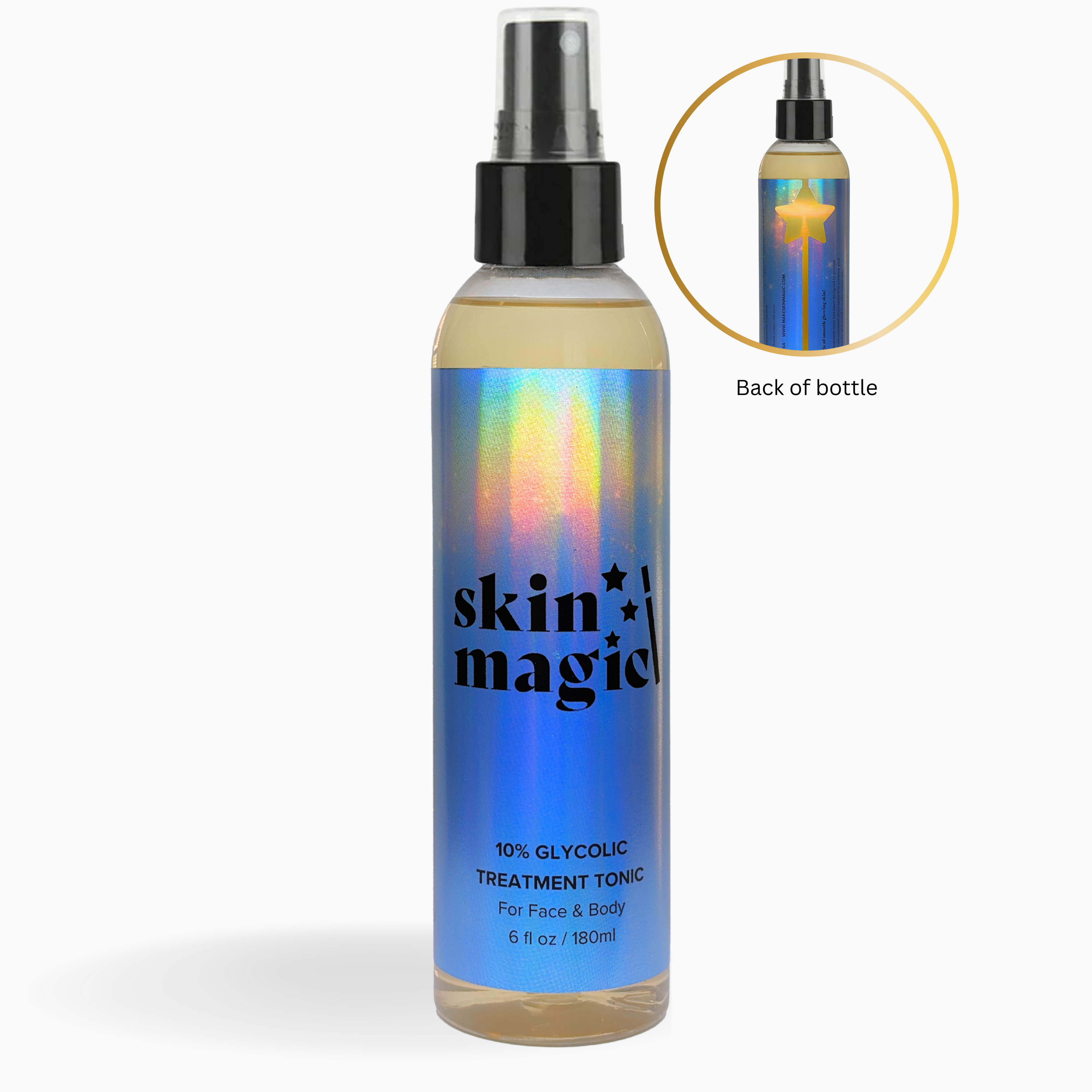 10% Glycolic Exfoliating Treatment Tonic bottle, clear liquid skincare toner for face and body application