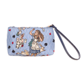 Alice in Wonderland woven tapestry wristlet bag with vegan leather hand loop and card motifs