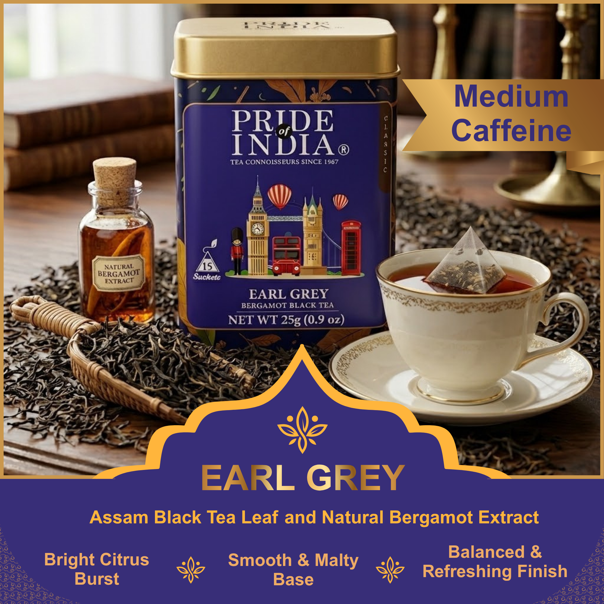 Box of 15 Earl Grey bergamot black tea bags blended with tulsi holy basil — view 4