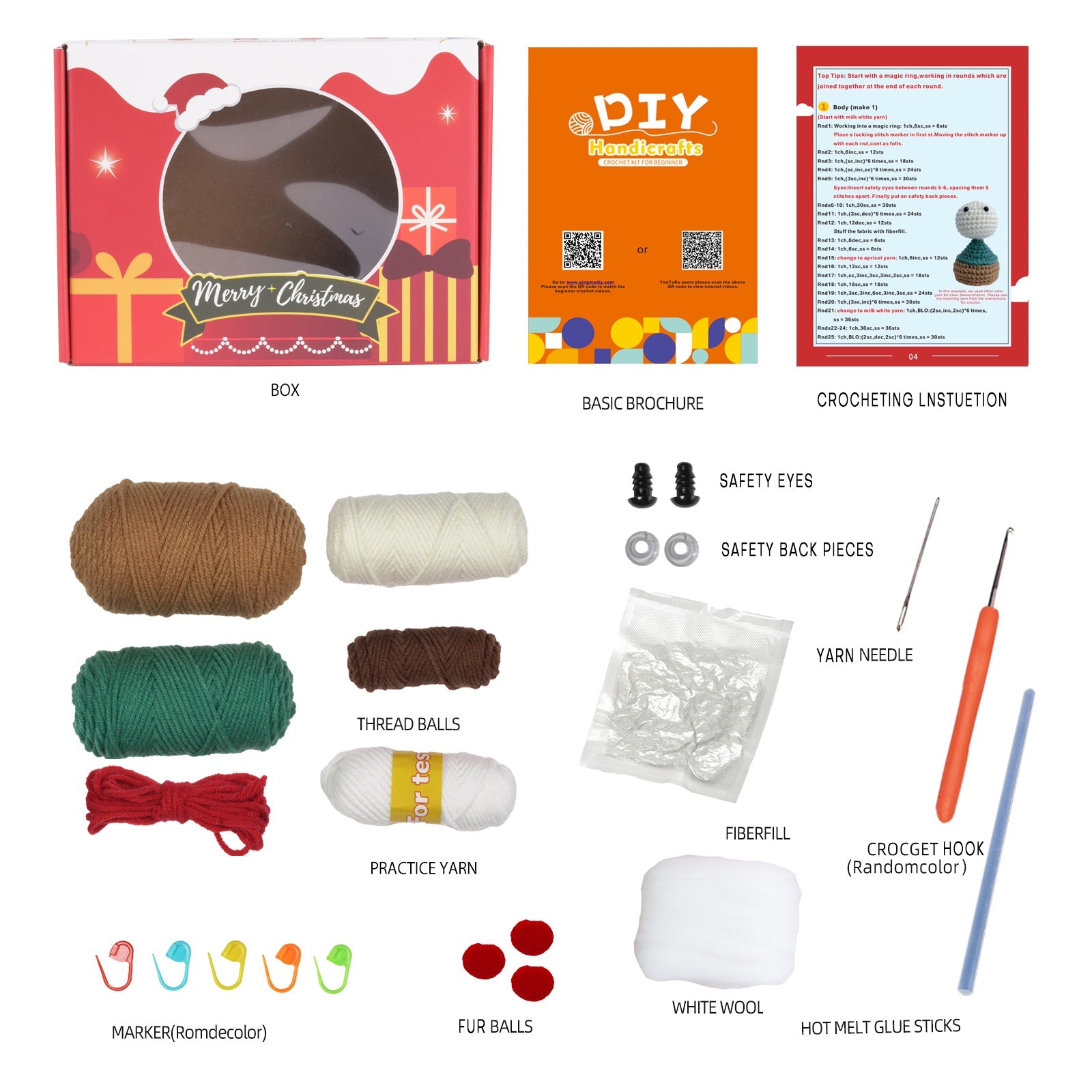 Christmas Gnome crochet kit with brown hat, amigurumi crafting supplies, yarn, and small handmade gift. — view 5