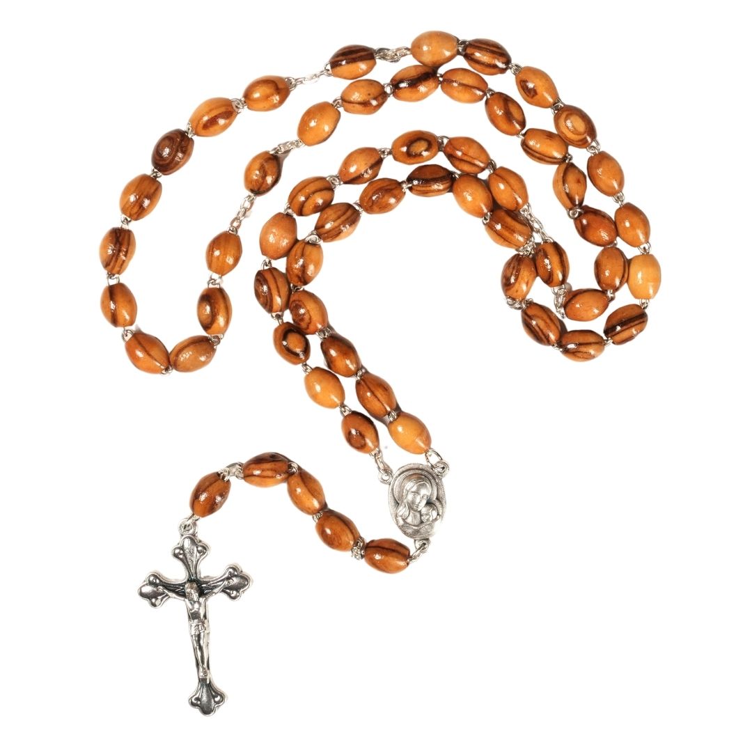 Rosenkranz mit ovalen Olivenholz-Perlen und Elementen aus Metall & Erde | Gebetskette mit Kreuz als Geschenk zur Taufe, Kommunion & Firmung-0