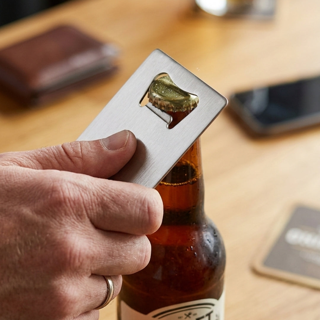 Credit card style stainless steel bottle opener designed for slim wallet storage and everyday carry — view 2