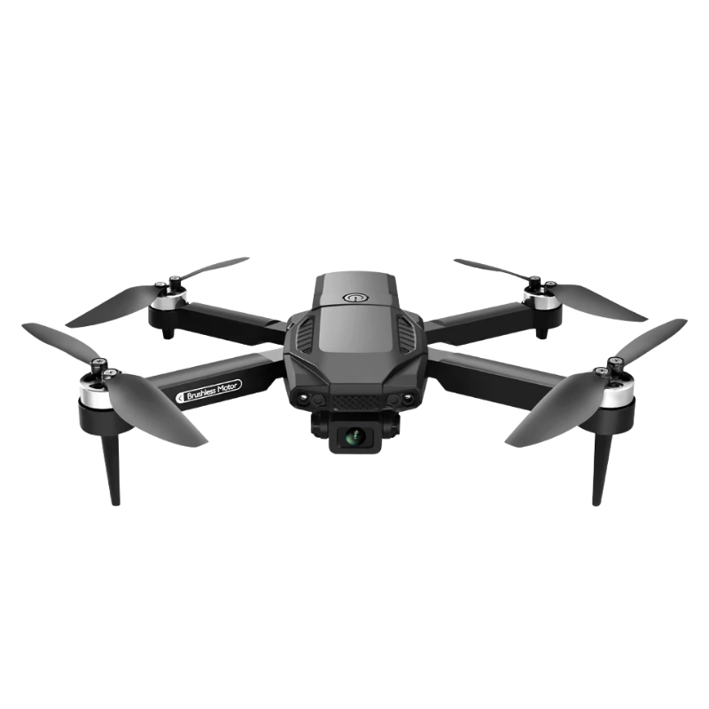 Black 4K foldable dual-camera drone with brushless motors and remote control for aerial photography