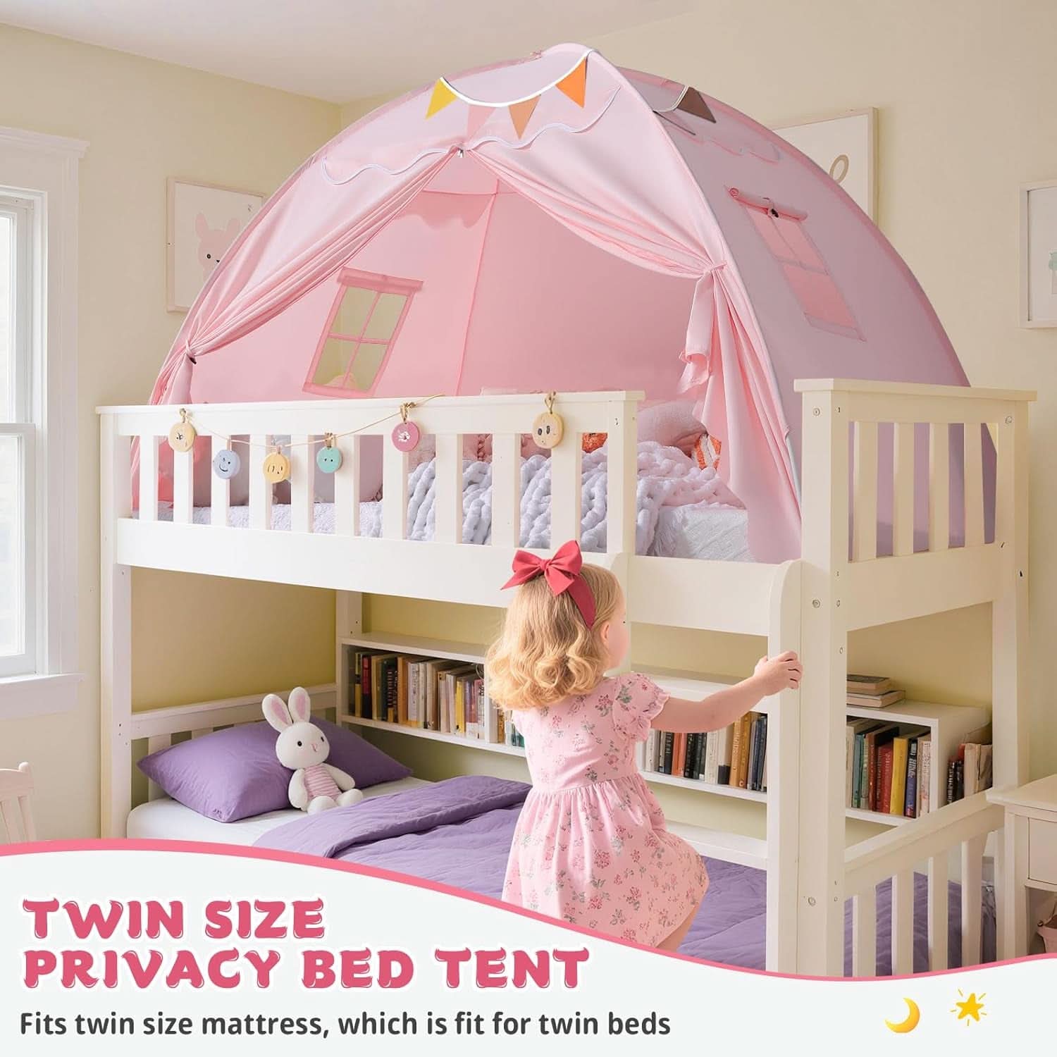 Pink toddler bed tent canopy over a twin mattress, with starry night lights and tieback doors — view 4