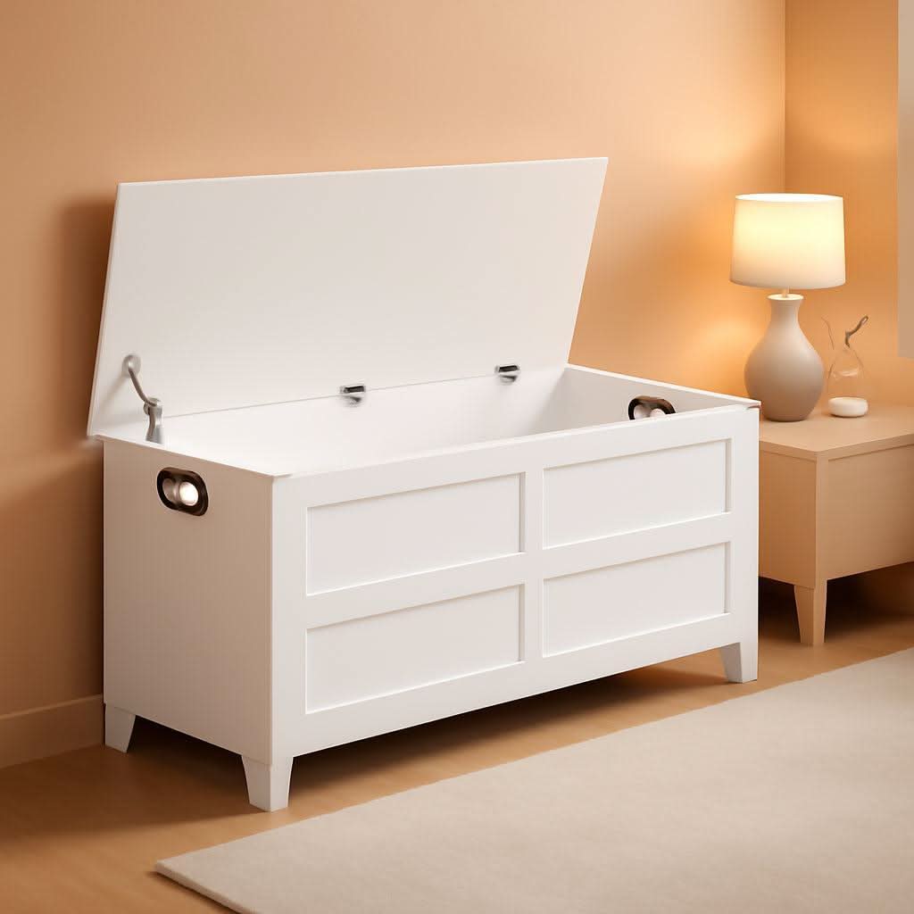 White wooden toy storage bench with closed lid, engineered wood seating, and hollow side handles