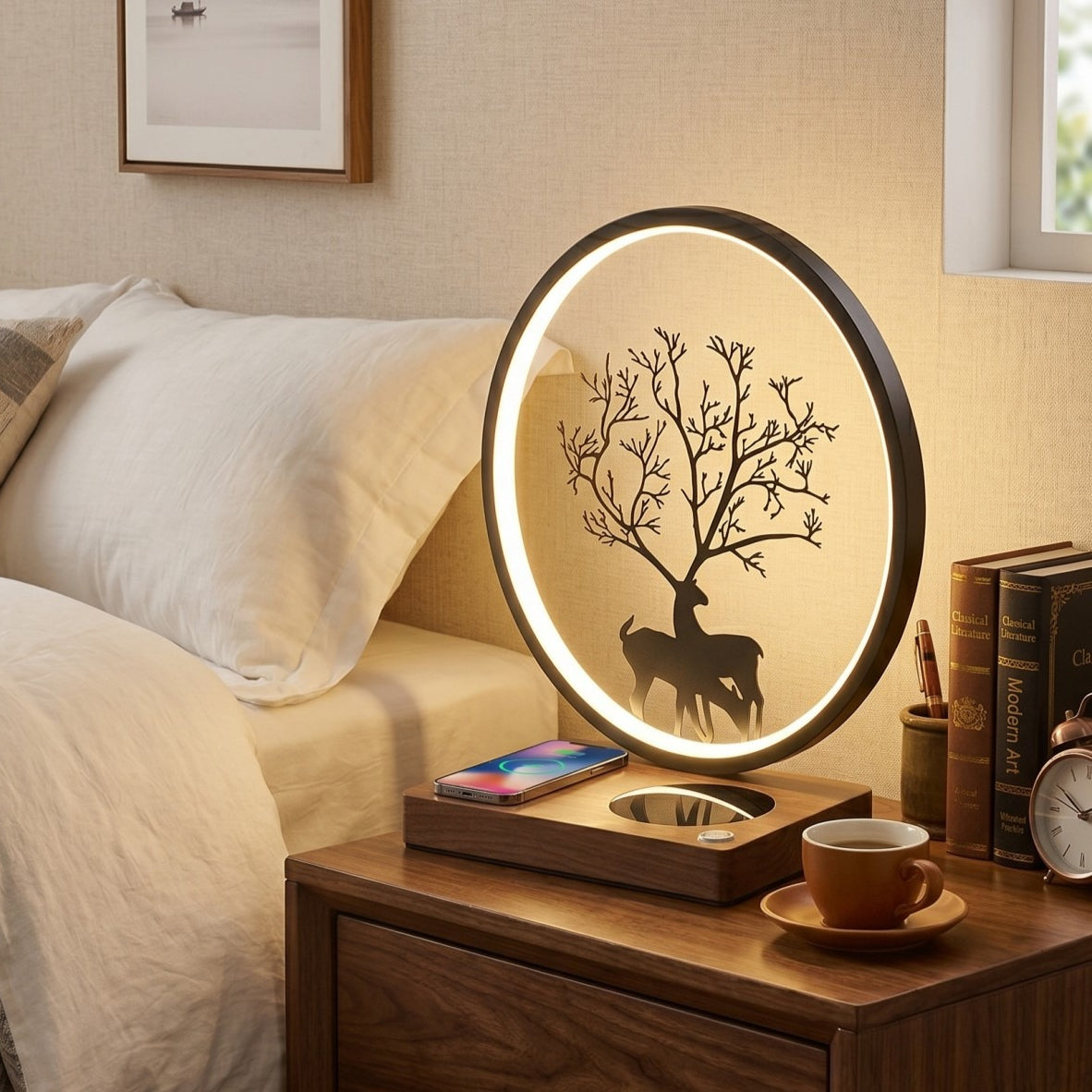 3-in-1 LED bedside desk lamp with built-in wireless charging pad and audio speaker.
