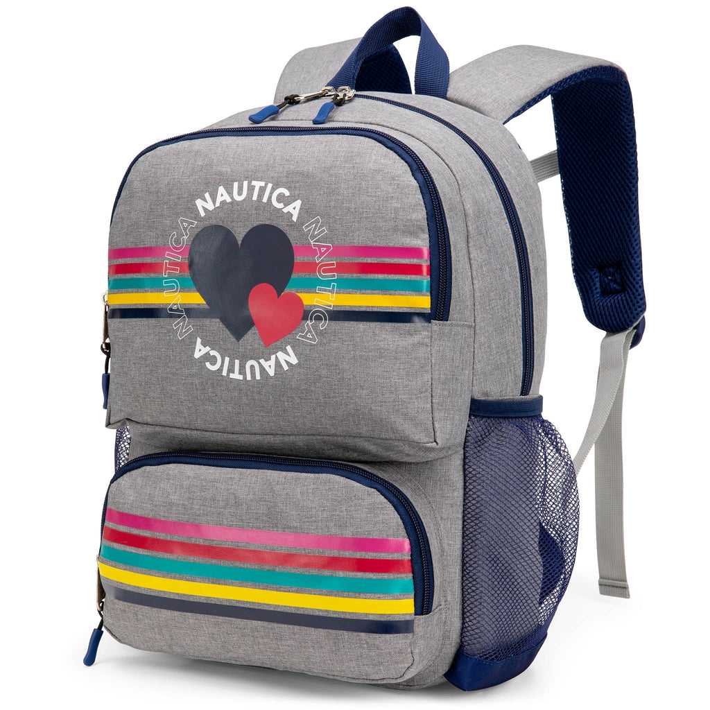 Nautica kids backpack with heart pattern, durable water-resistant polyester material, and padded shoulder straps
