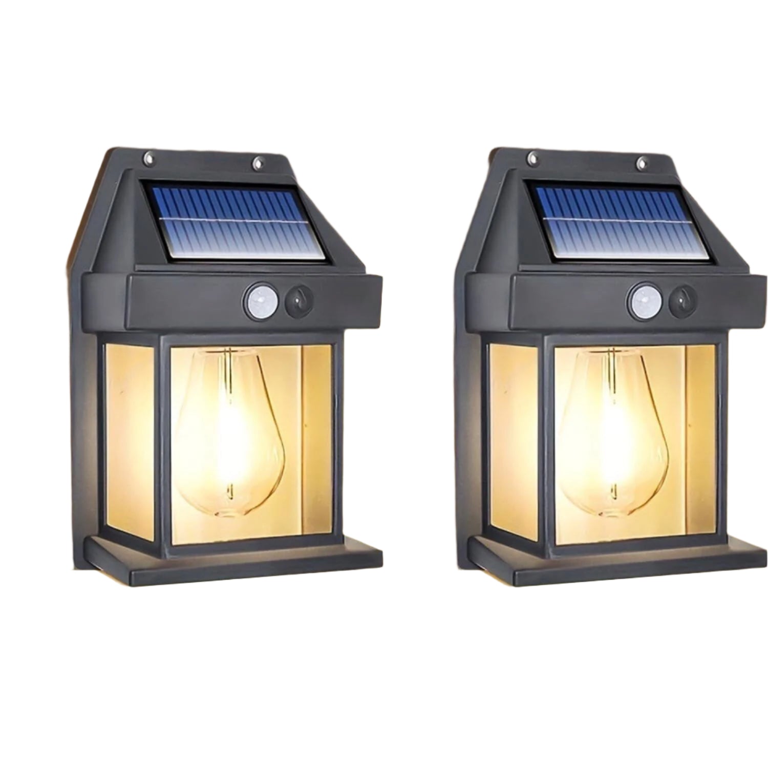 Two black plastic solar motion sensor LED outdoor security lights mounted on a wall