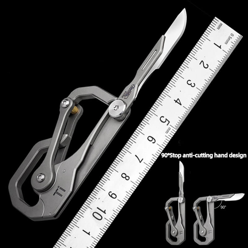 Titanium EDC folding knife multi-tool with matte sandblasted finish and carabiner clip attachment — view 2