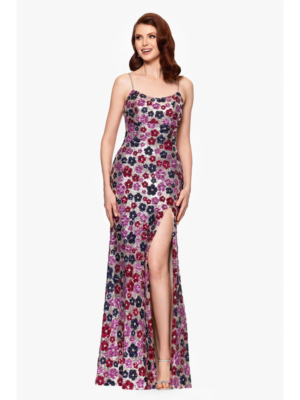Floral Sequin Maxi Dress High Slit Betsy & Adam A27017-0