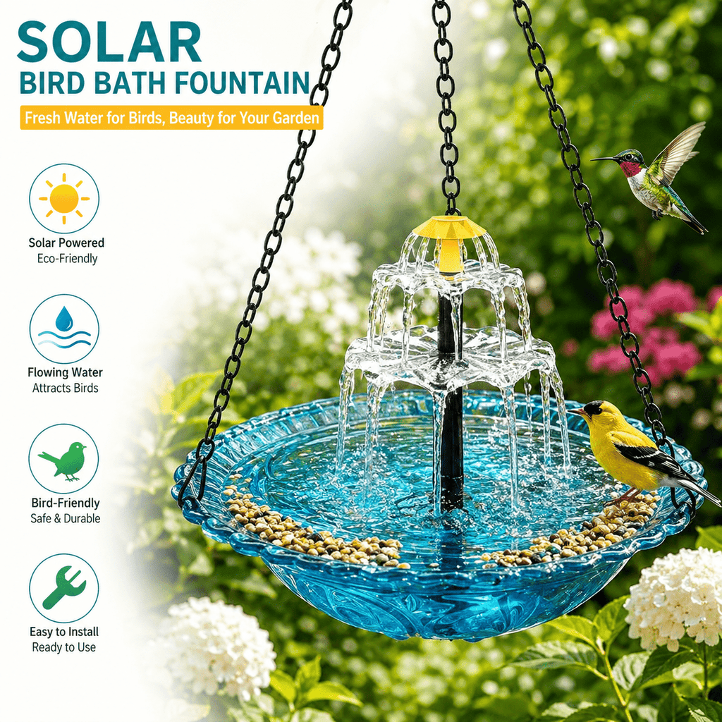 Solar hanging bird bath fountain with rust-resistant chains, flowing water, and spacious bowl for wild birds