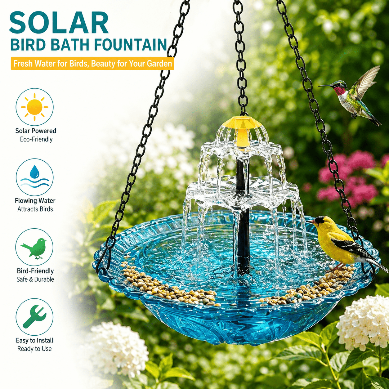 Solar hanging bird bath fountain with rust-resistant chains, flowing water, and spacious bowl for wild birds