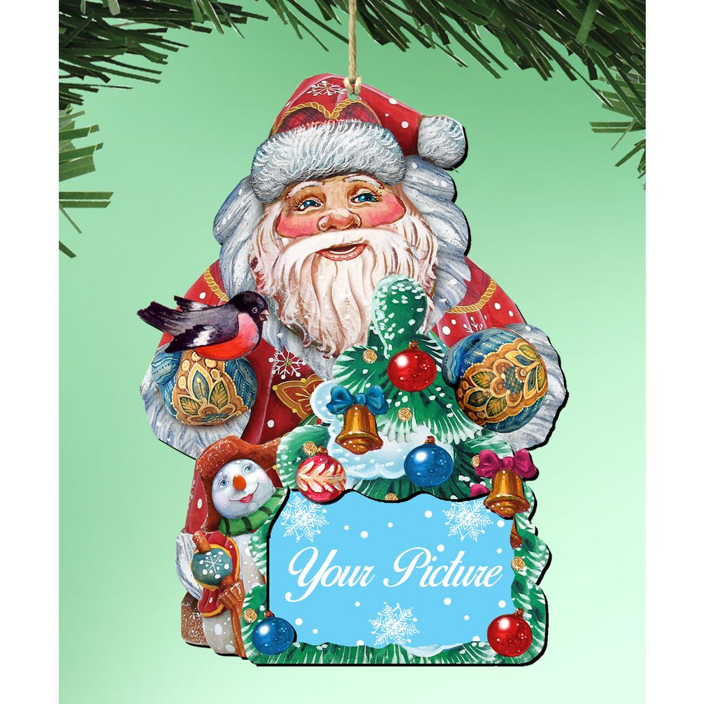 Handcrafted wooden Santa and snowman Christmas tree picture frame ornament holding a photo — view 5