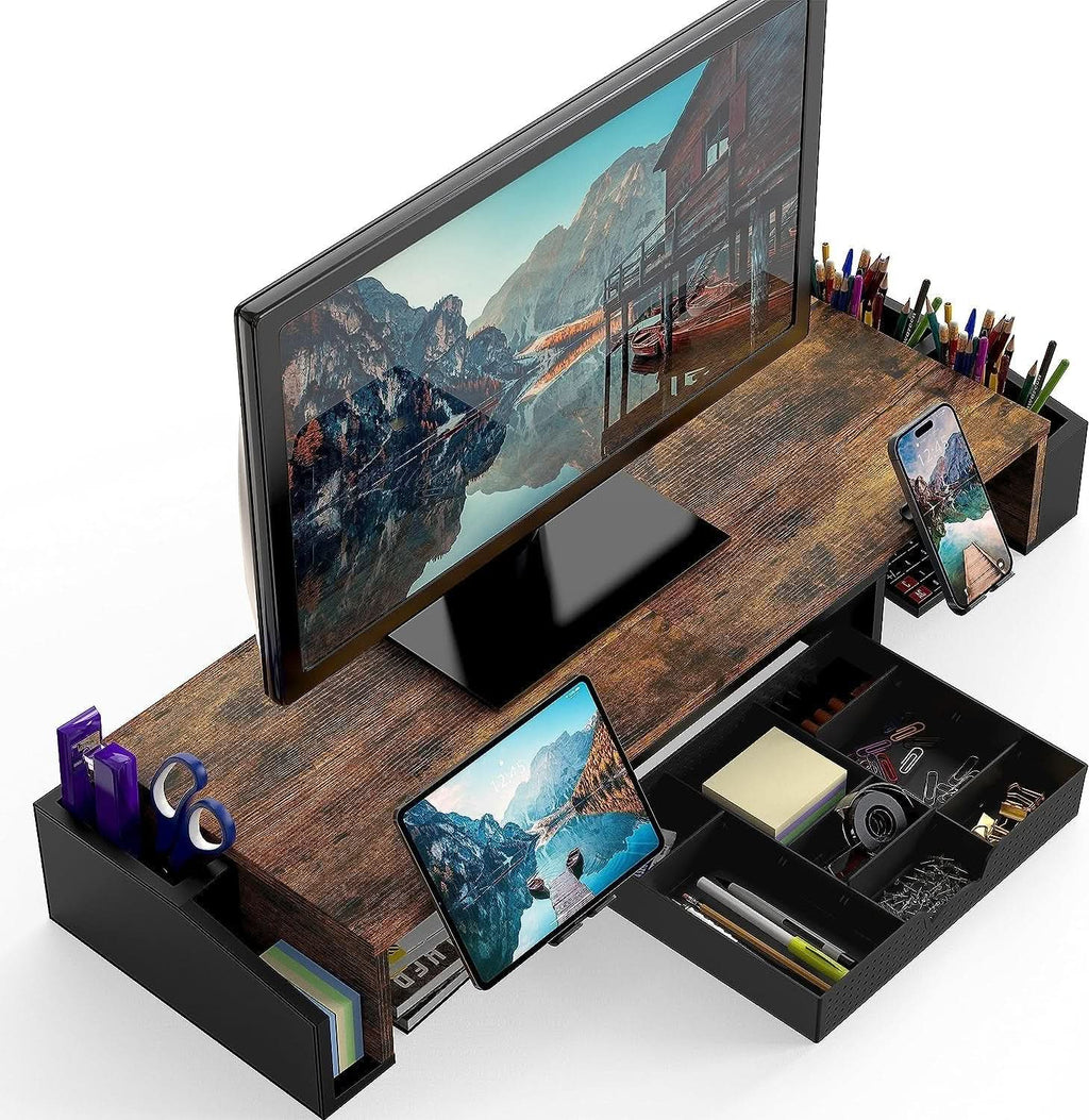 Rustic brown dual monitor stand riser with sliding storage drawer and smartphone holder on desk — view 2