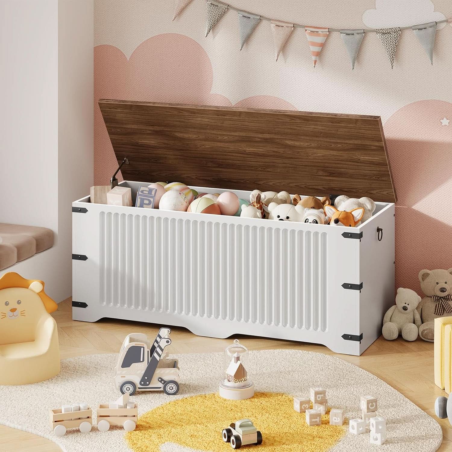 White and walnut farmhouse storage bench toy chest with safety hinge and side pull rings — view 2