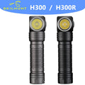 Skilhunt H300 L-shape rechargeable headlamp in black aluminum with comfortable headband and magnetic charging cable