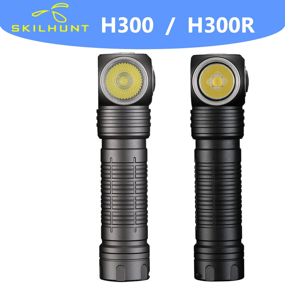 Skilhunt H300 L-shape rechargeable headlamp in black aluminum with comfortable headband and magnetic charging cable