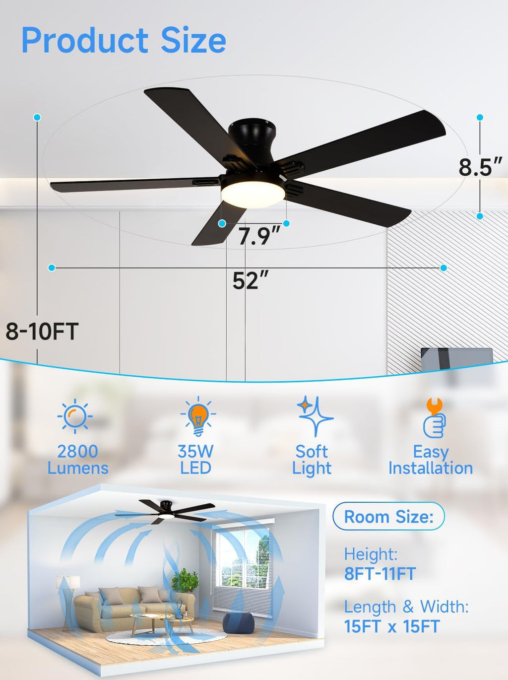 52-inch black smart ceiling fan with five wood blades and integrated LED light fixture — view 3