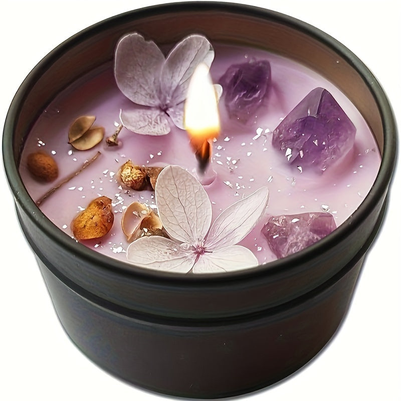 Lavender scented candle made of natural soy wax decorated with purple crystals and delicate floral petals