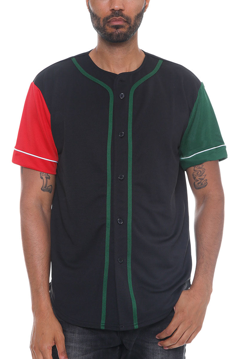 Corazon color block baseball jersey in green red and black with white contrast sleeve stripes