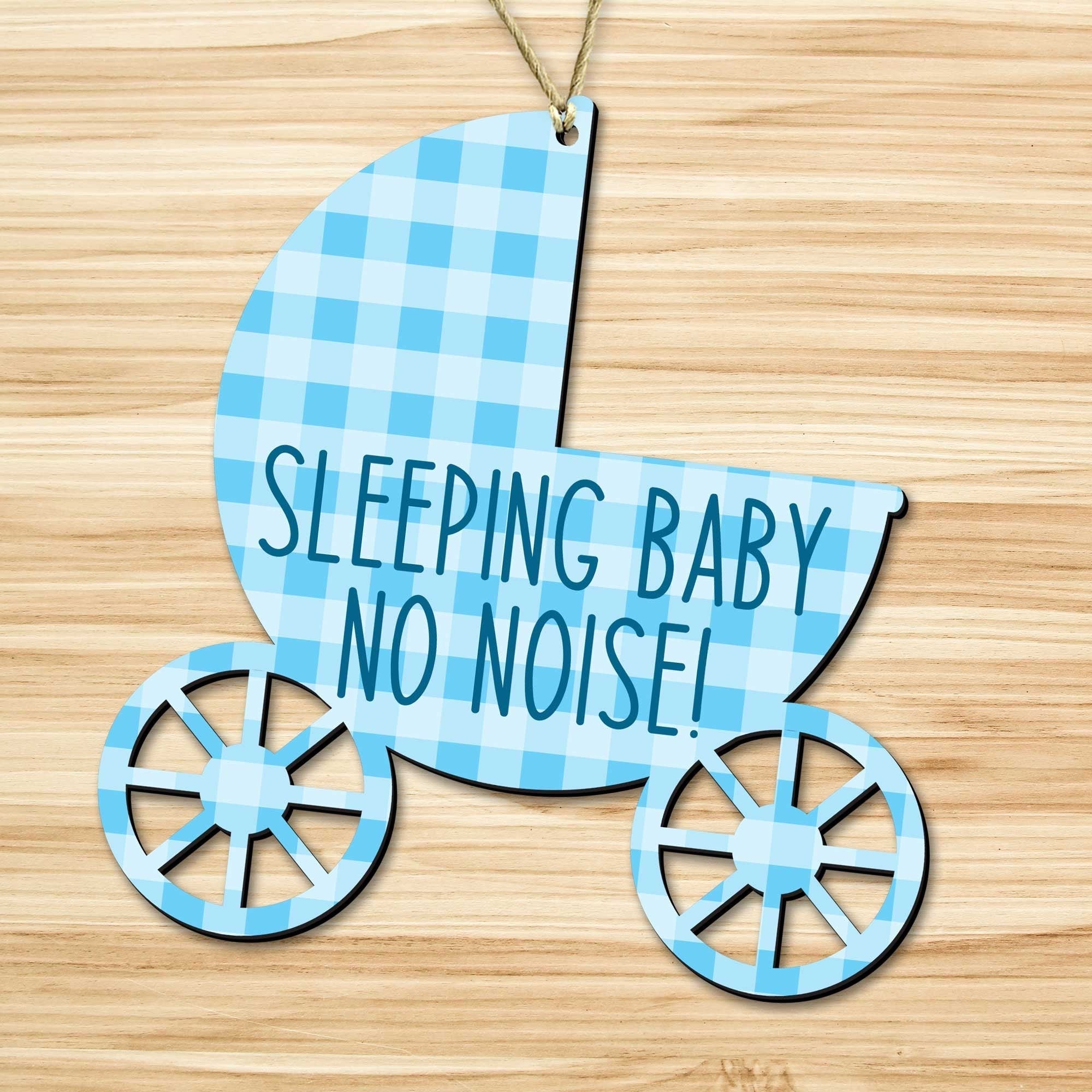 Handcrafted sleeping baby carriage doorbell sign with rustic hanging rope for front doors and nurseries — view 3