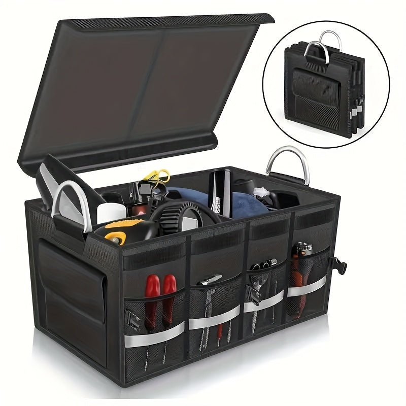 Folding car trunk organizer in black Oxford fabric with multiple storage compartments for vehicle accessories — view 5