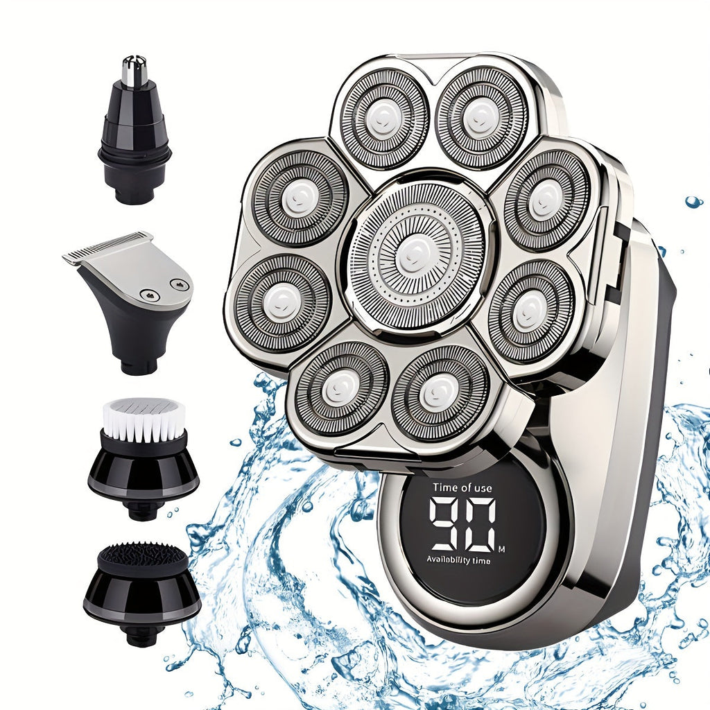 Black 6-in-1 electric shaver grooming kit with interchangeable trimming heads and USB charging cable — view 2