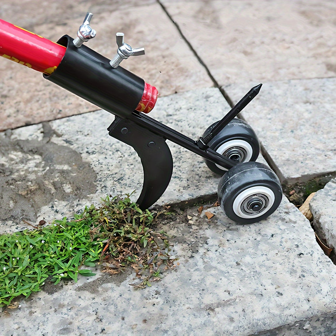 Black multi purpose leaf gutter cleaner and weeding tool with dual roller tires for driveway edging — view 2