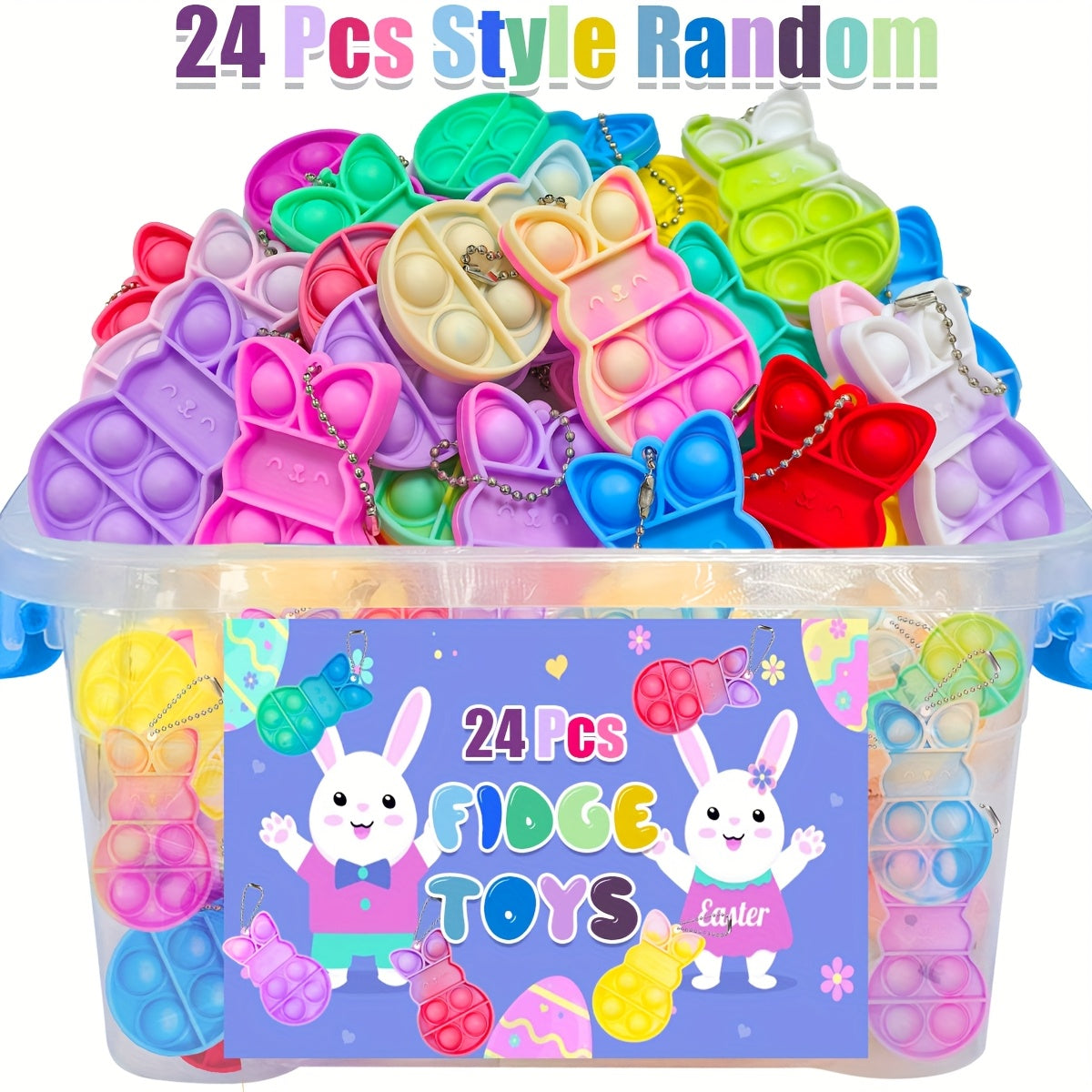 24 pack of assorted colorful rubber Easter bunny pop fidget toy keychains with metal rings — view 5