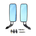Black aluminum motorcycle mirrors with smoke blue anti-glare lenses and mounting hardware