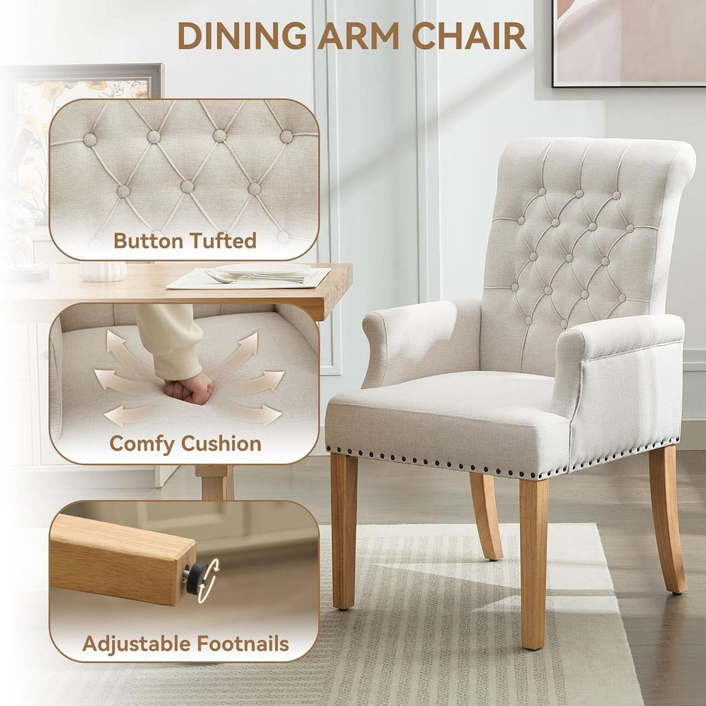 Beige upholstered dining chair with armrests, tufted backrest, and solid wood legs on a neutral background — view 4
