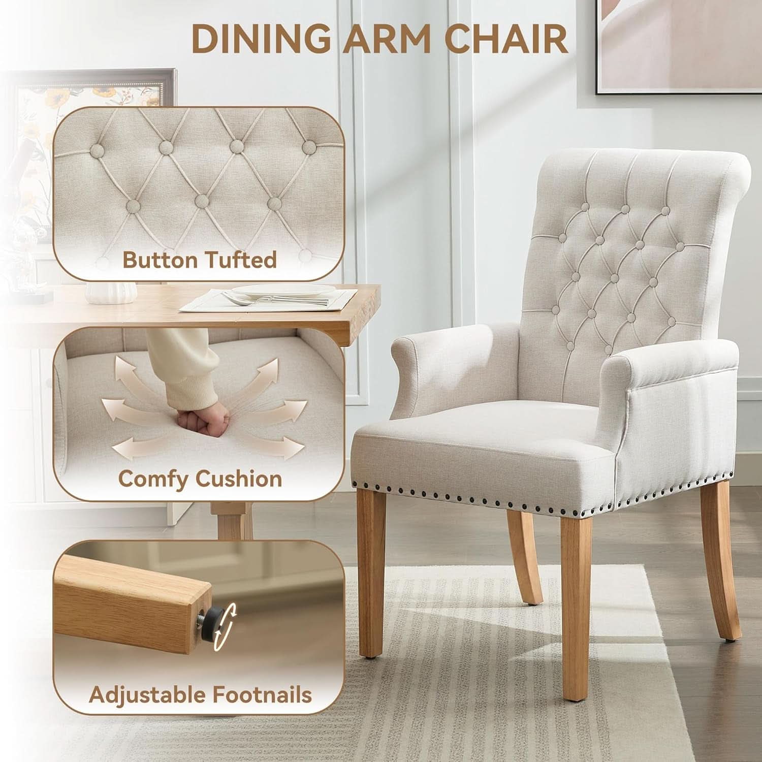 Beige upholstered dining chair with armrests, tufted backrest, and solid wood legs on a neutral background — view 4