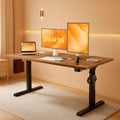 Rustic brown electric standing desk with black steel T-shaped frame and adjustable height features