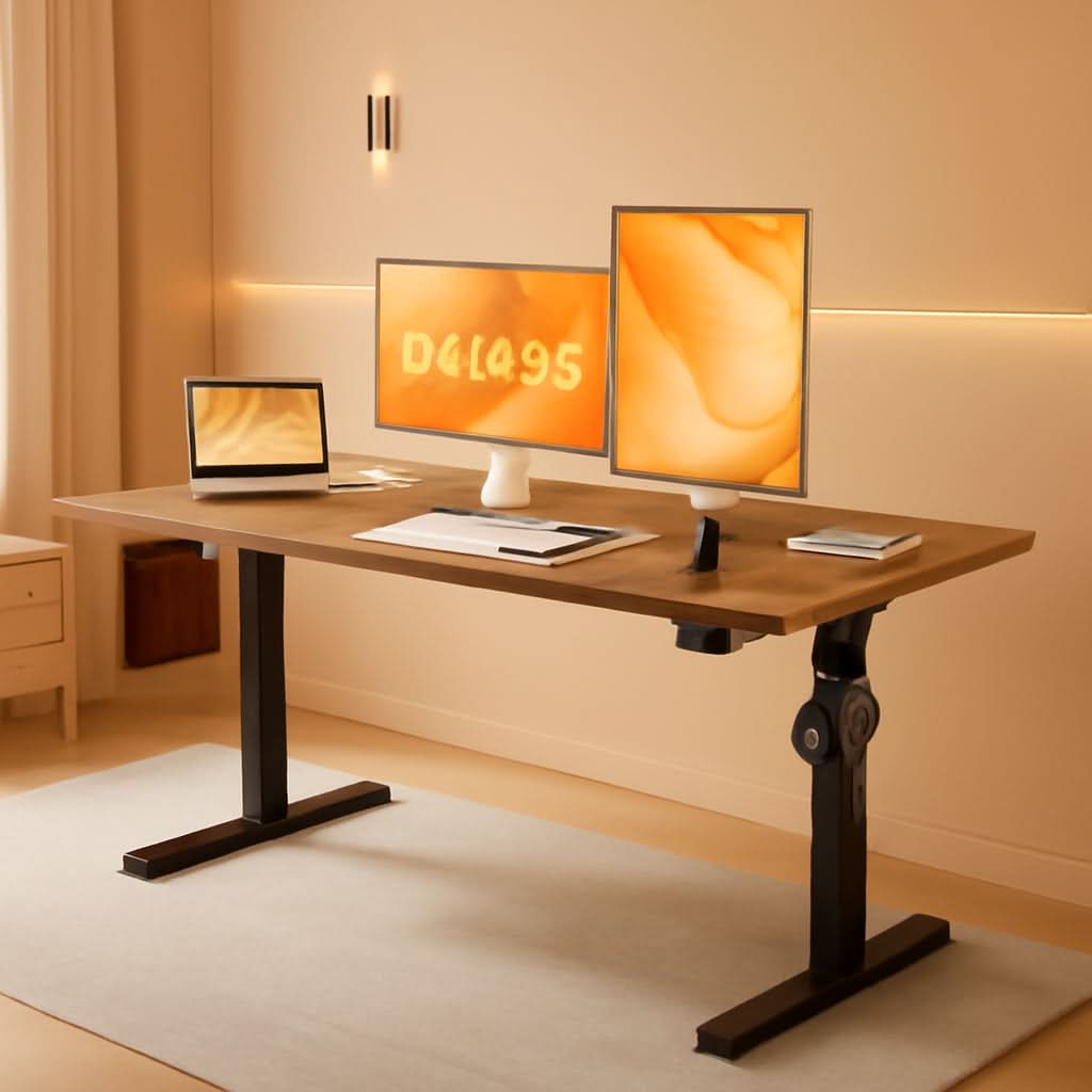 Rustic brown electric standing desk with black steel T-shaped frame and adjustable height features