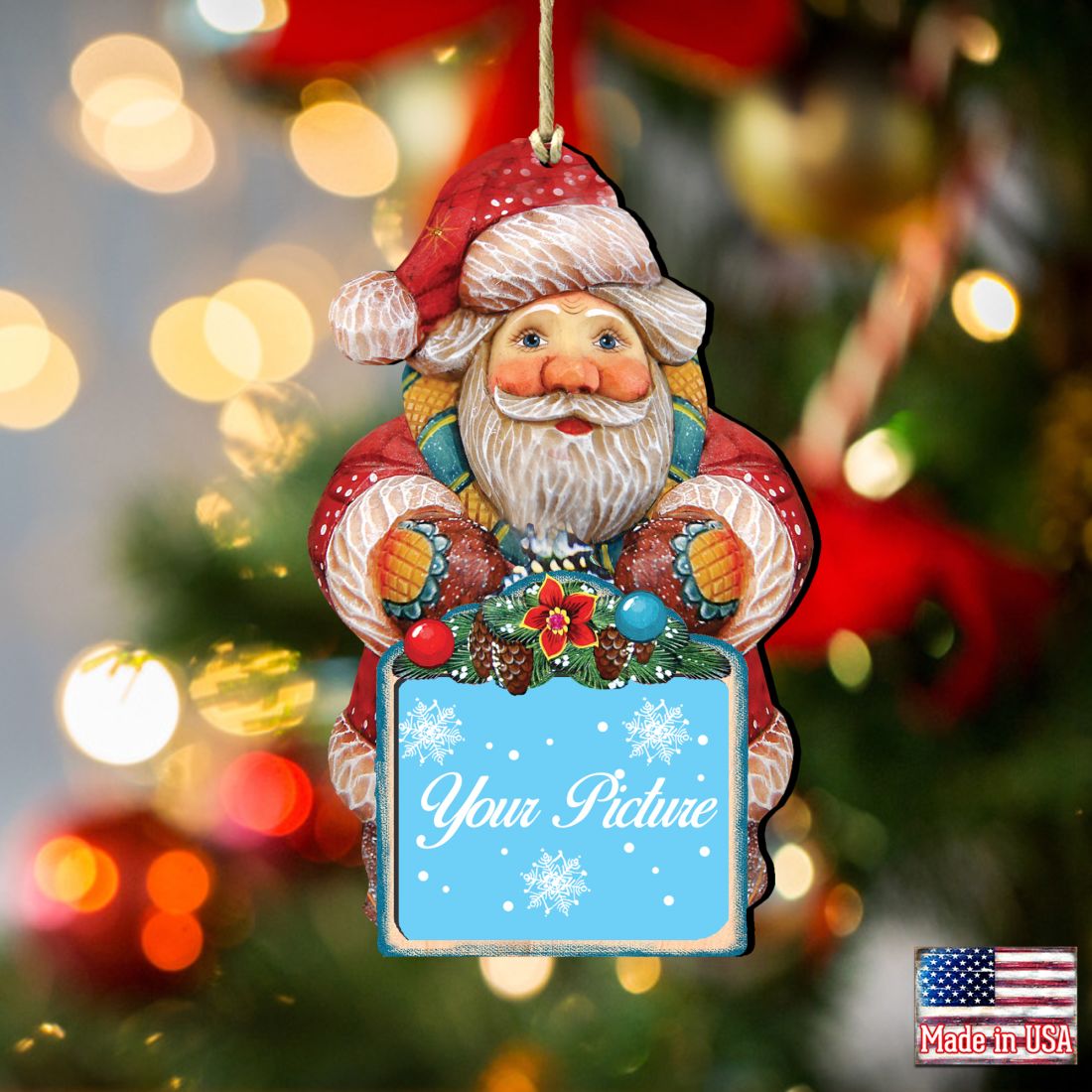 Wooden Santa and snowman Christmas picture frame ornament displaying a small photograph, crafted from birch. — view 2