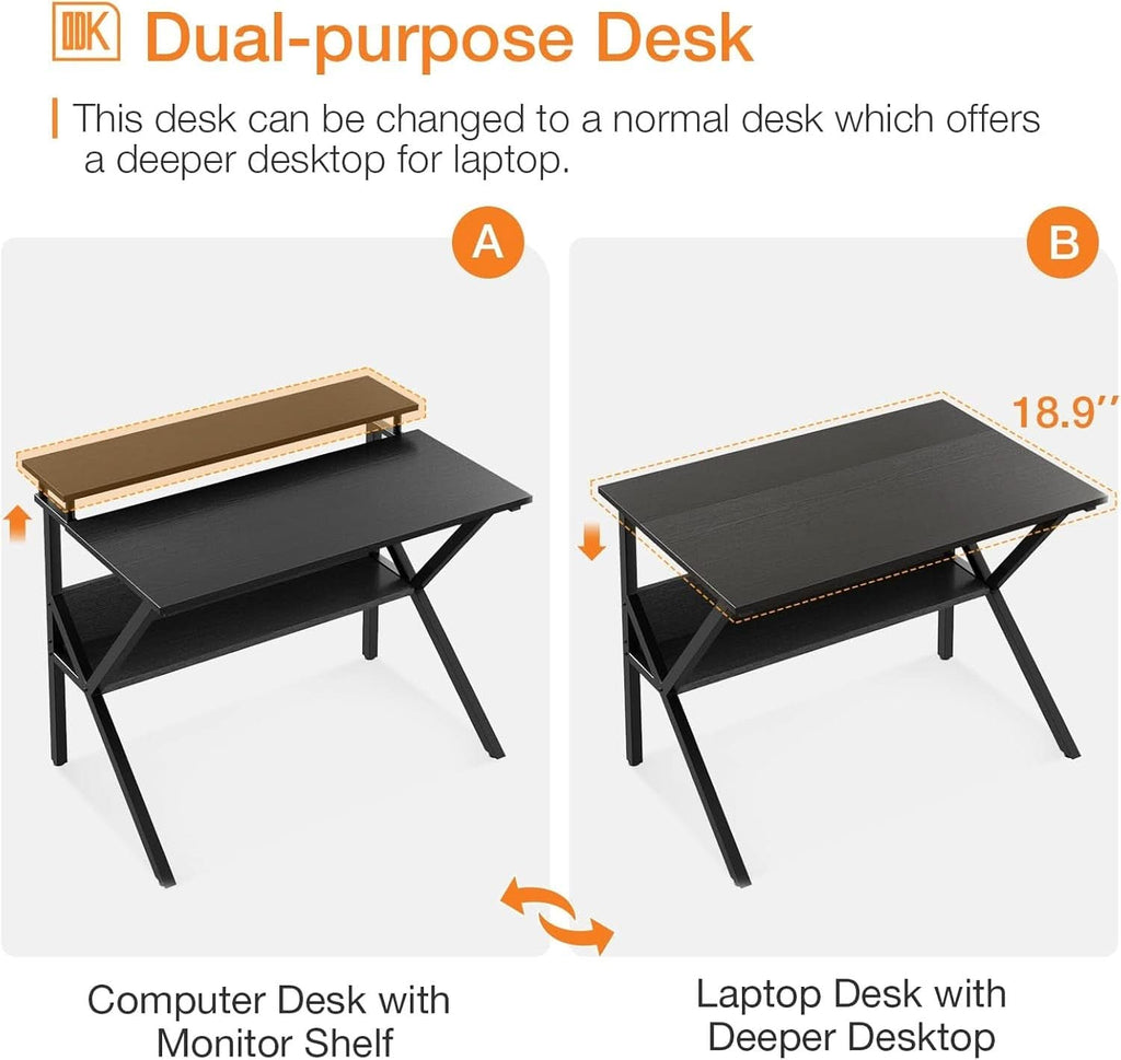 Compact 27.5-inch black computer desk with ergonomic monitor stand, lower storage shelf, and metal frame — view 5
