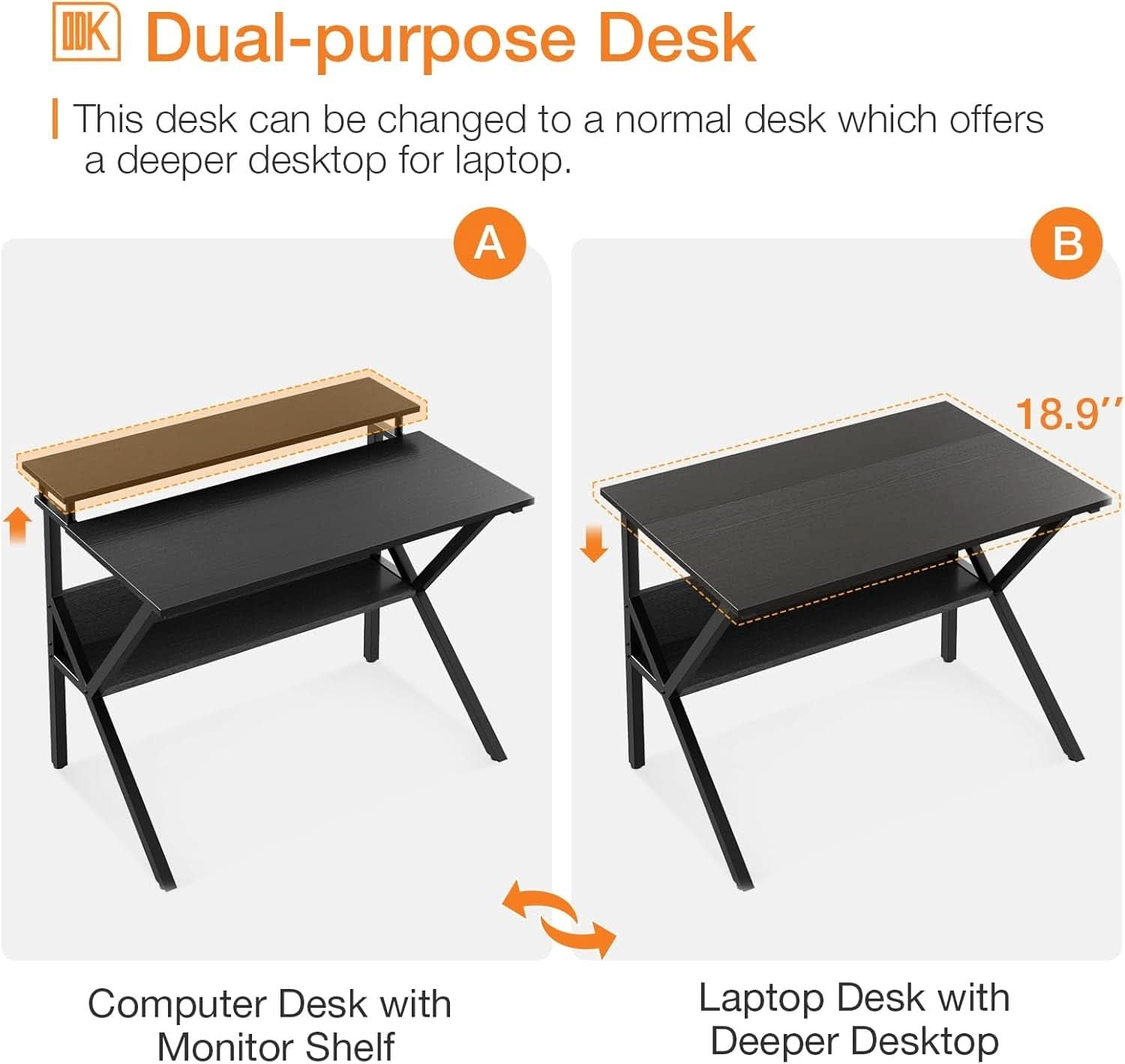 Compact 27.5-inch black computer desk with ergonomic monitor stand, lower storage shelf, and metal frame — view 5