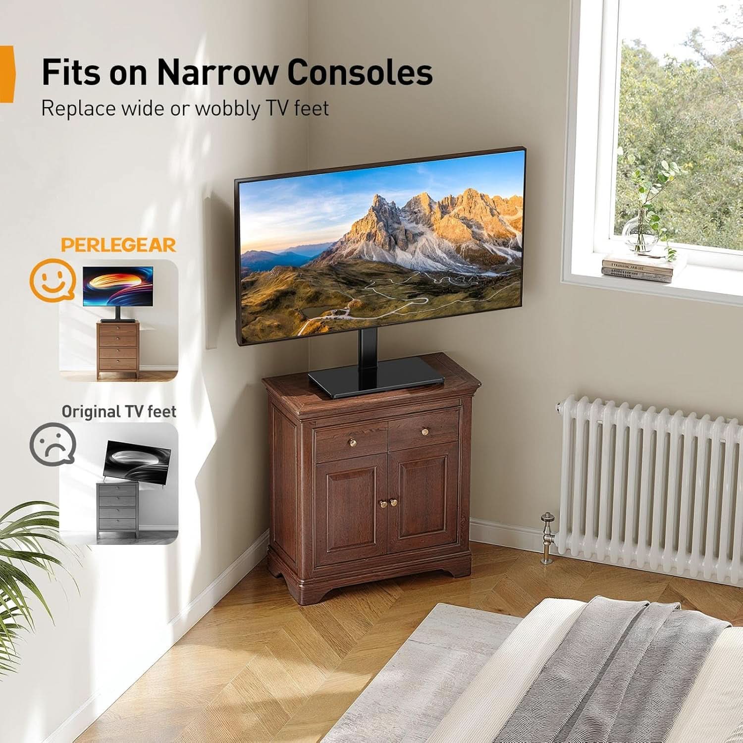 Universal height adjustable tabletop TV stand with sleek tempered glass base and metal frame — view 5