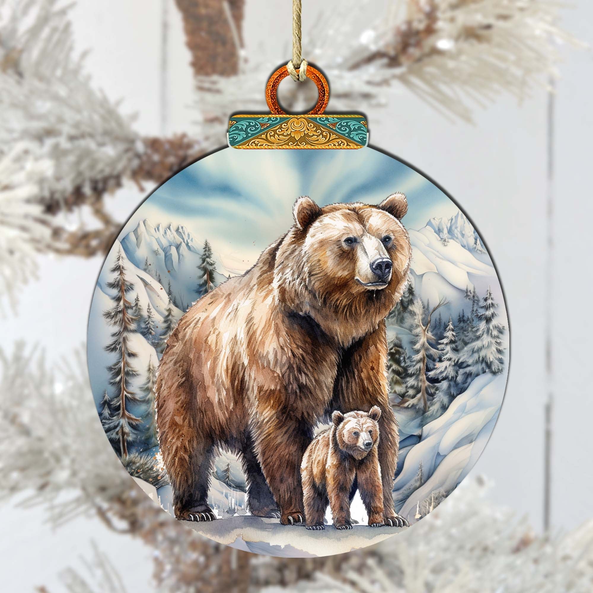 Grizzly bear with cub wooden ornament handcrafted birch plywood wildlife Christmas decor — view 3