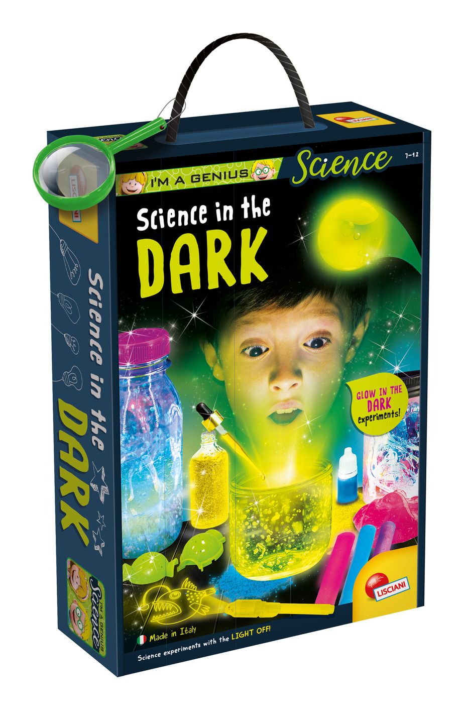 Glow in the dark science kit box with bright green liquids test tubes and experiment tools — view 2