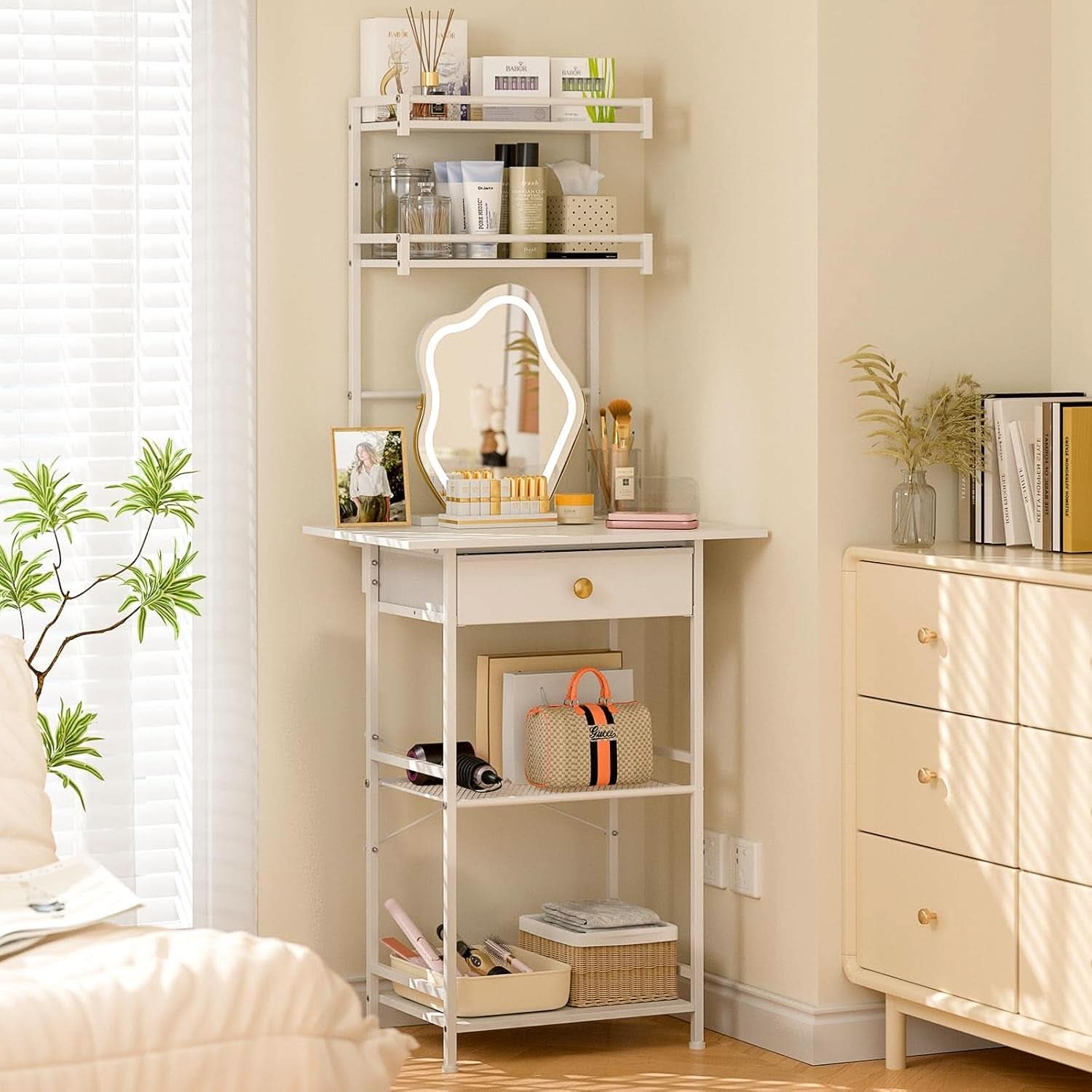 White ultra compact vanity desk with a large storage drawer and sturdy adjustable metal legs — view 3