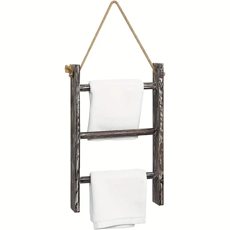 Rustic wood 3-tier wall hanging towel rack with ladder design and top rope detail — view 2