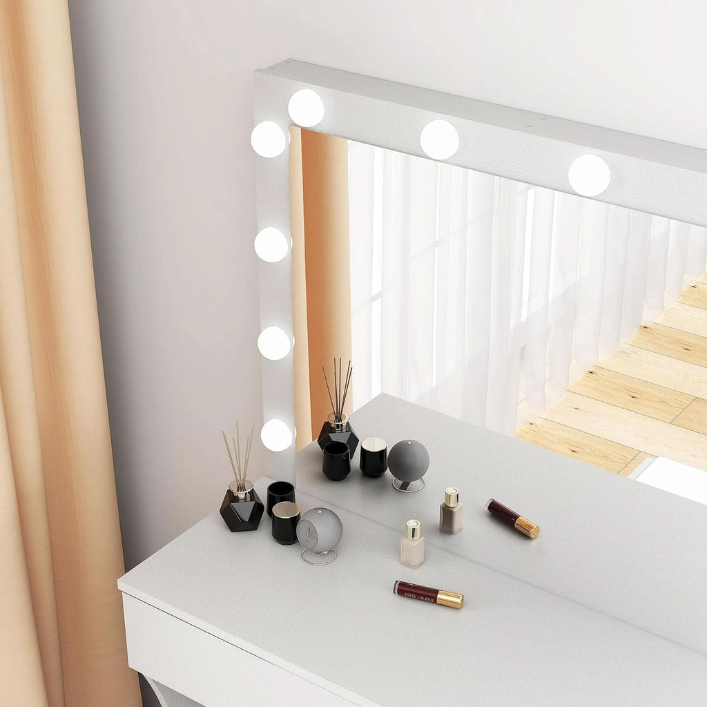 White vanity desk with 12 bright LED mirror bulbs, storage drawer, and matching vanity stool — view 5