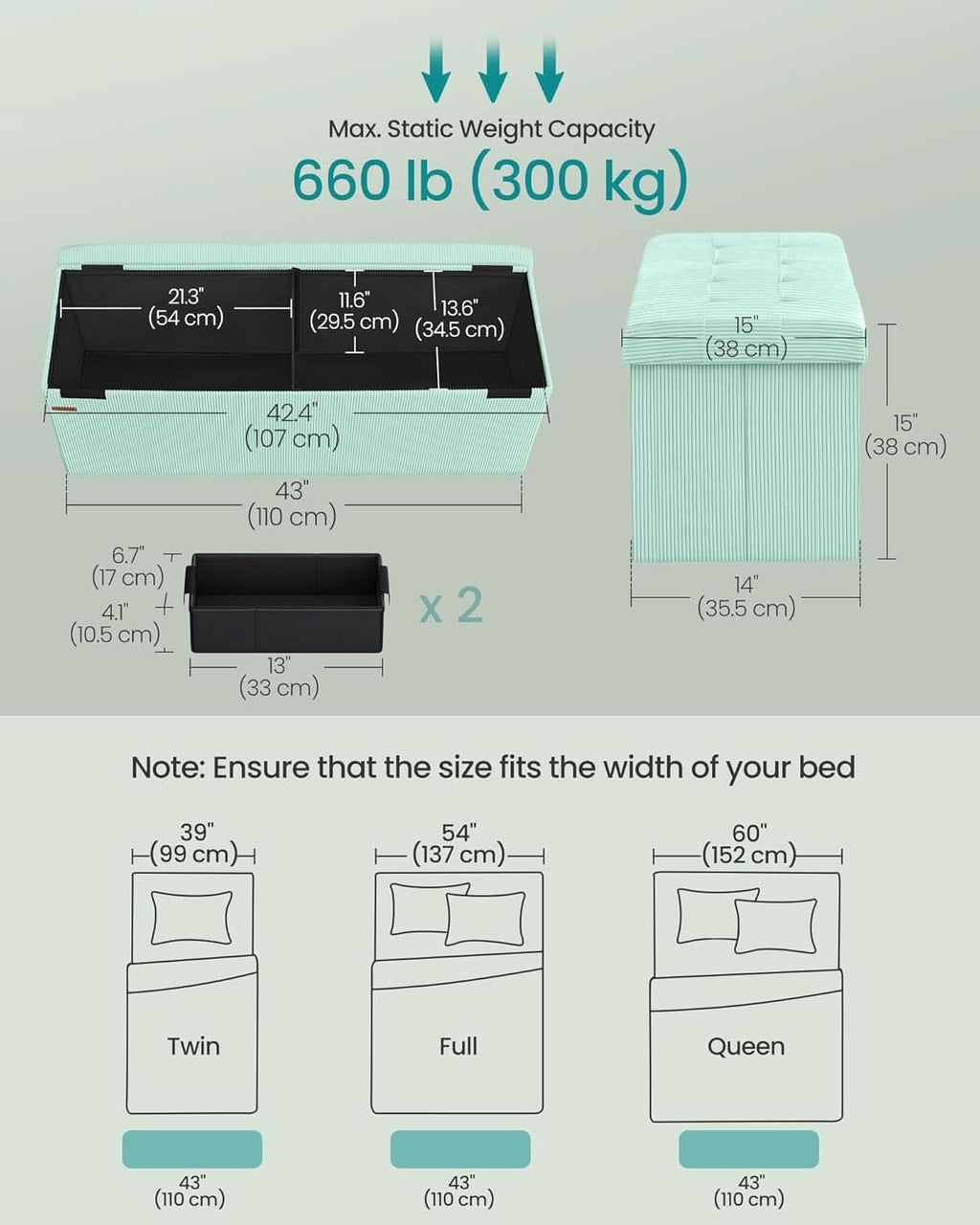 Moonlight green foldable corduroy storage ottoman bench with tufted lid and divided interior. — view 3