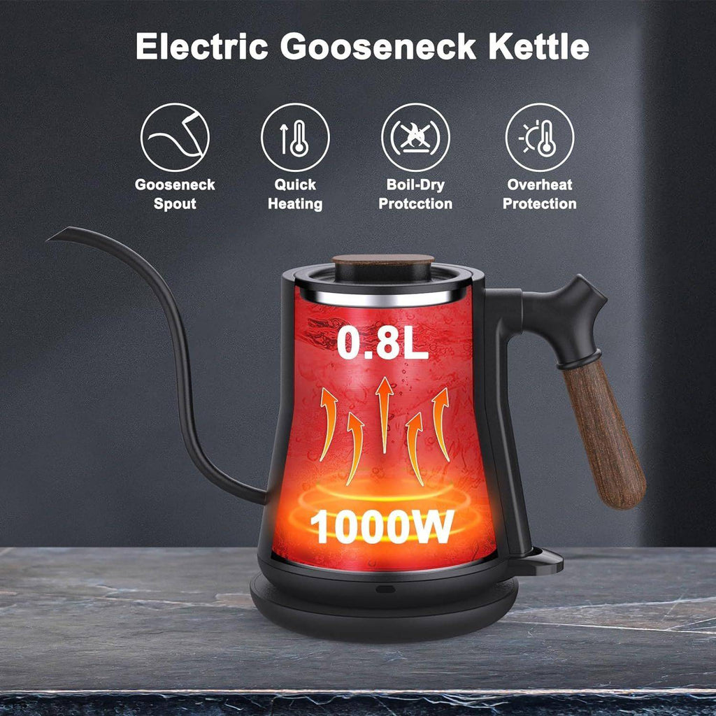 Stainless steel electric gooseneck kettle with ergonomic handle and cordless swivel base for pour over coffee — view 3