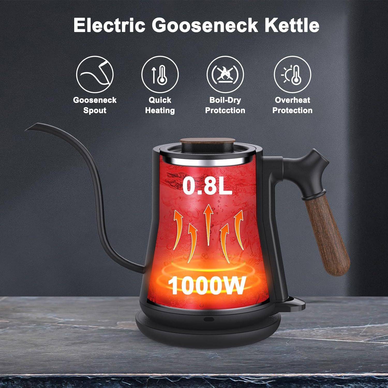 Stainless steel electric gooseneck kettle with ergonomic handle and cordless swivel base for pour over coffee — view 3