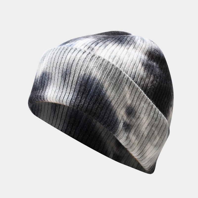Tie-dye knitted winter hat gloves scarf set in colorful striped core spun polyester yarn — view 4