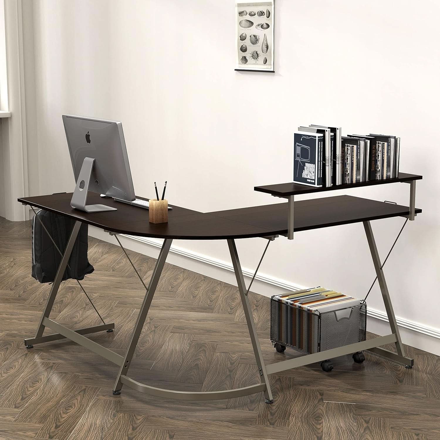 Espresso Vista L-shaped corner desk with steel frame, monitor stand, and drawer — view 5