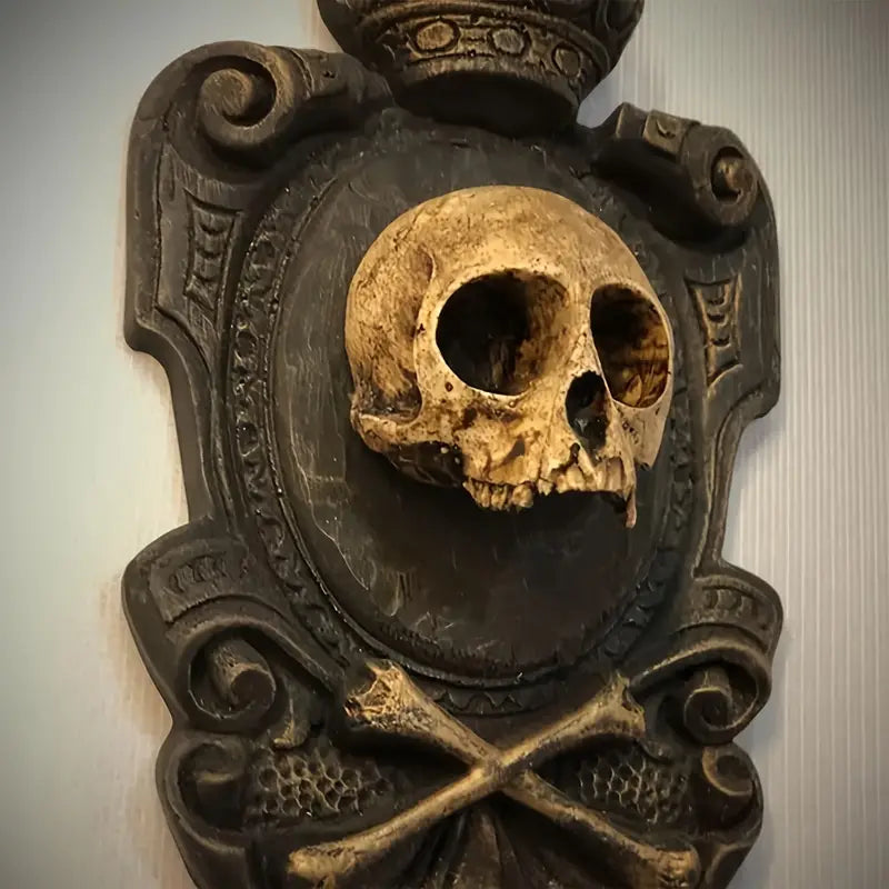 Vintage gothic skull head wall hanging pendant made of intricately carved durable beige resin — view 2
