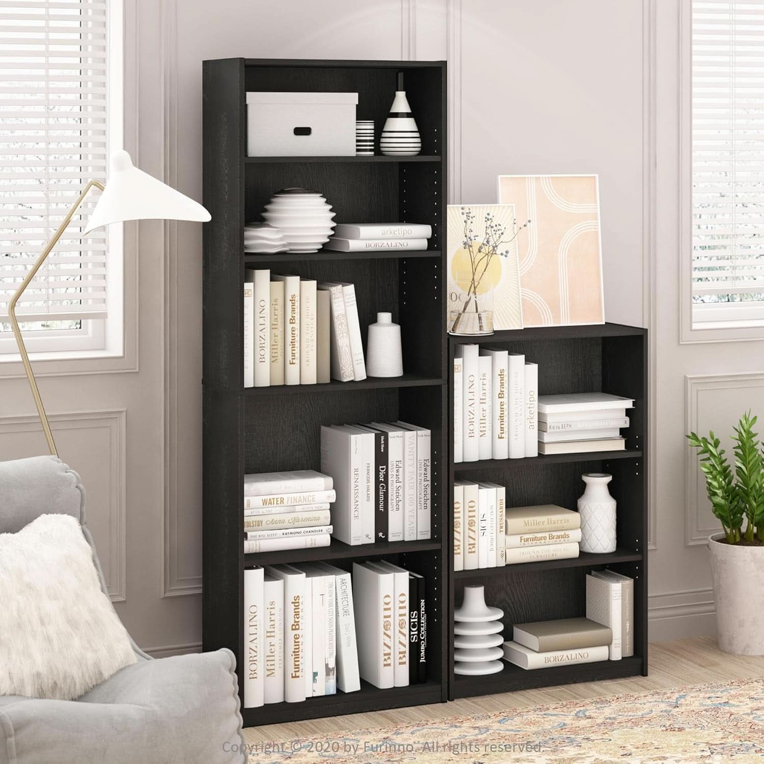 Black three-tier adjustable wooden bookcase displaying books and decor for home office storage. — view 4